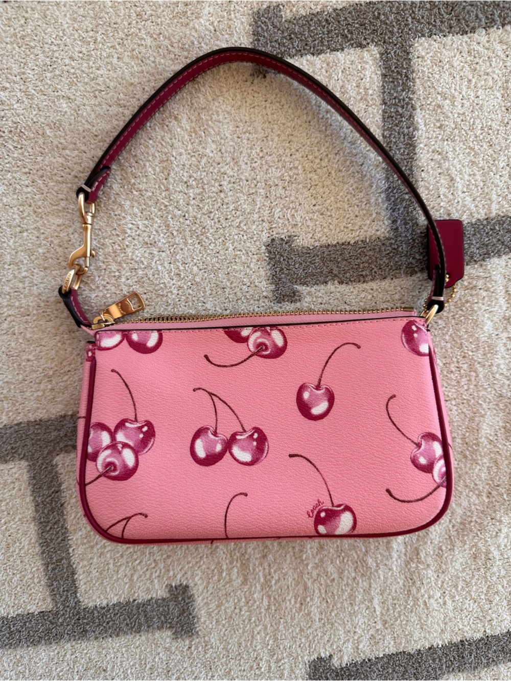 Coach Pink Cherry Print Leather Crossbody Wallet with Gold Hardware - Picture 2 of 10